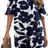 Wkior Vestido recto para mujer, cuello en V, manga corta, color sólido