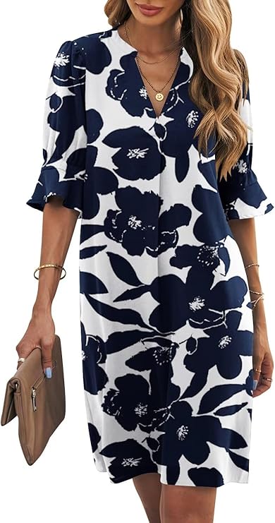 Wkior Vestido recto para mujer, cuello en V, manga corta, color sólido